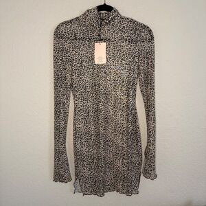 NWT Small Leopard Sheer Mesh Bell Sleeve Mini Dress Y2K Mob Wife‎ Baddie Glam